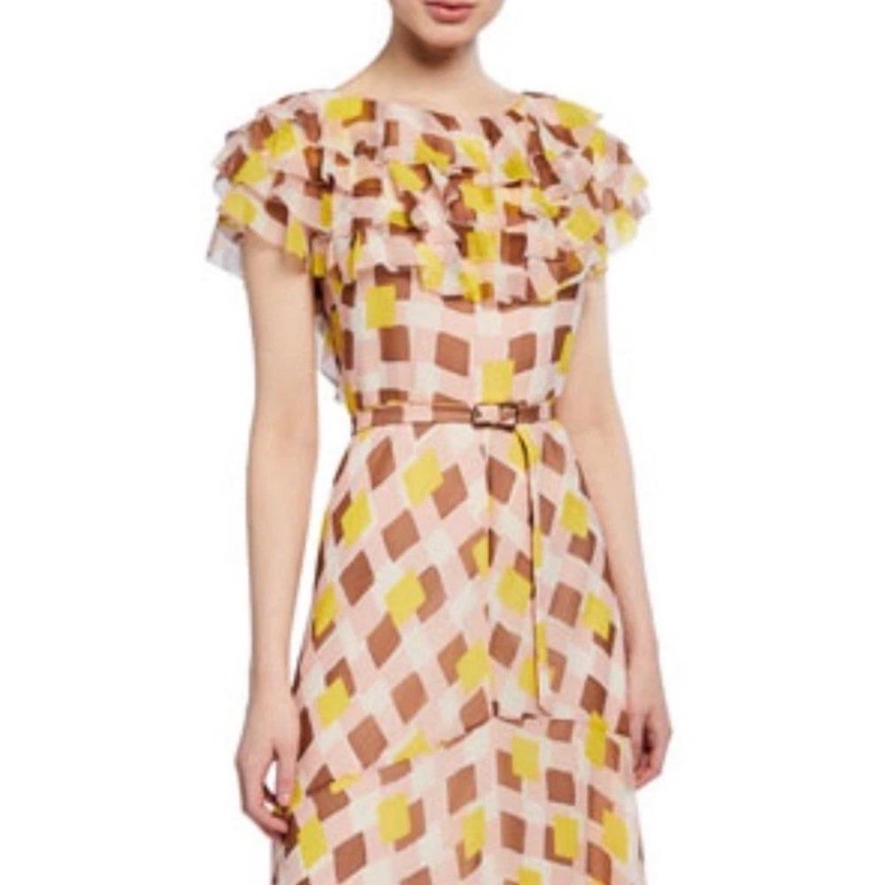 Kate Spade geo print ruffle silk midi dress‎ Pink Yellow Brown Women's 14 NWOT